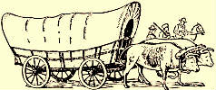 Covered wagon pulled by oxen.